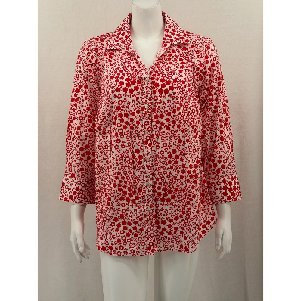Talbots Top Womens 14W Red White Floral Button Up Wrinkle Resistant Boho Office‎